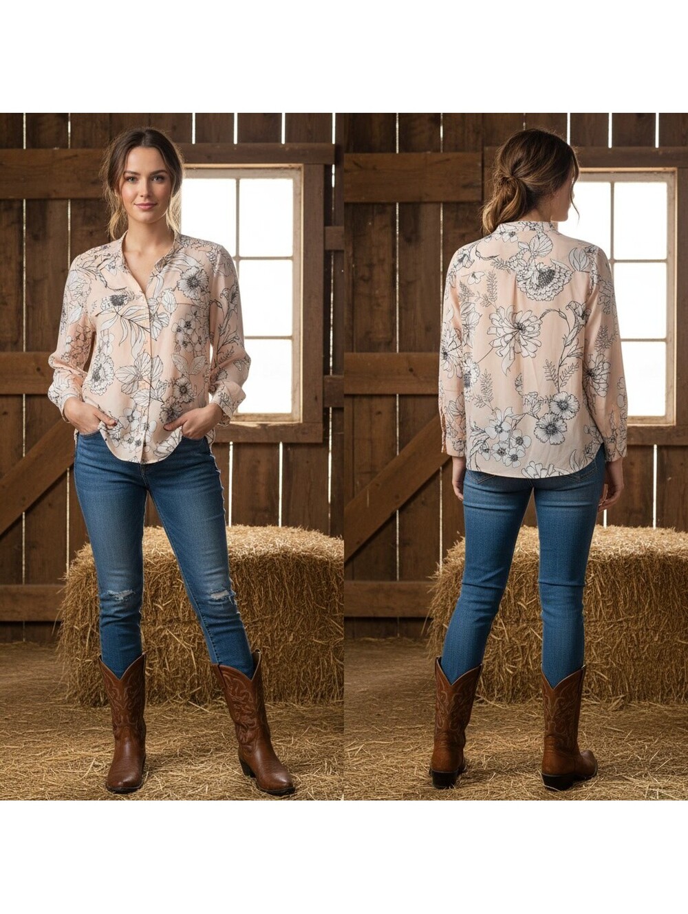 1880 - Calvin Klein XL Peach Floral Button-Up Blouse